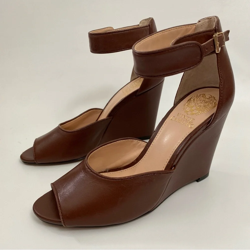 Vince Camuto Peep Toe Wedge Ankle Strap Size 7 Brown Heeled Sandals Women’s - Picture 1 of 14